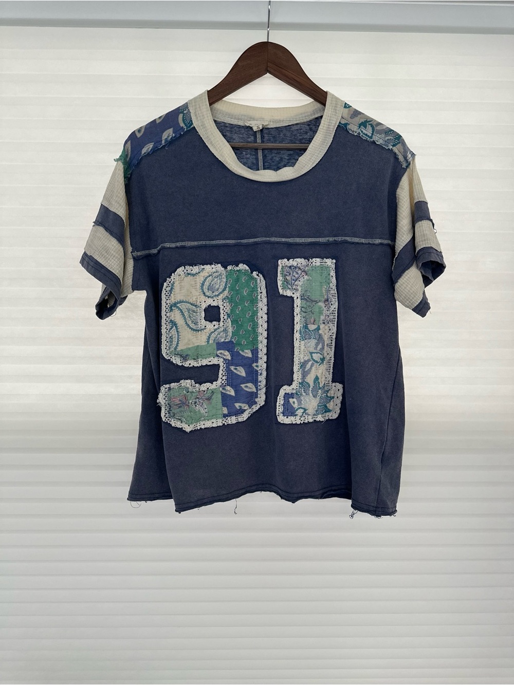RARE & RETRO! POL Clothing Blue Patchwork "91" Oversized Graphic Tee - Size Sm